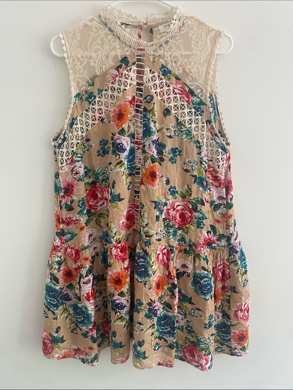 Umgee Dress Size L Tan Rose Floral Fairy Lace Sleeveless Cottage Mumu